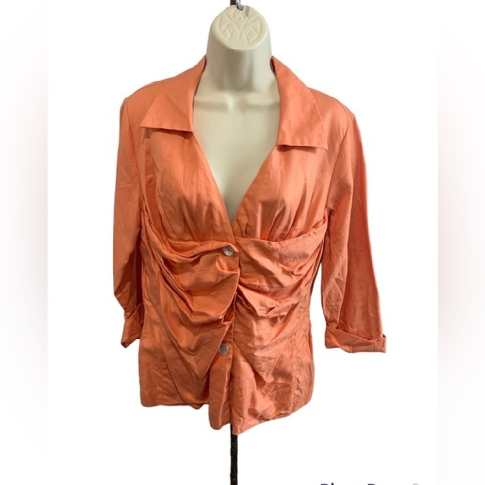 Farinaz Taghavi 3/4 Sleeve Shirt Orange‎ Top Blouse Button Down Size 16